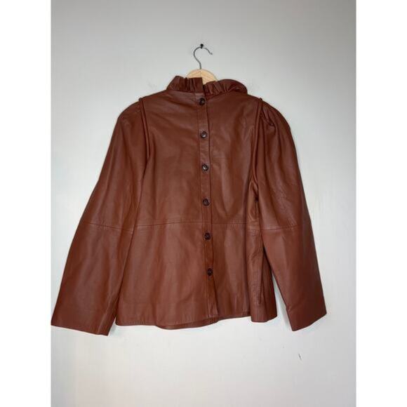 NEW Sea New York Lora Leather Back Buttoned Ruffled Neck Top Caramel Brown - Picture 6 of 7